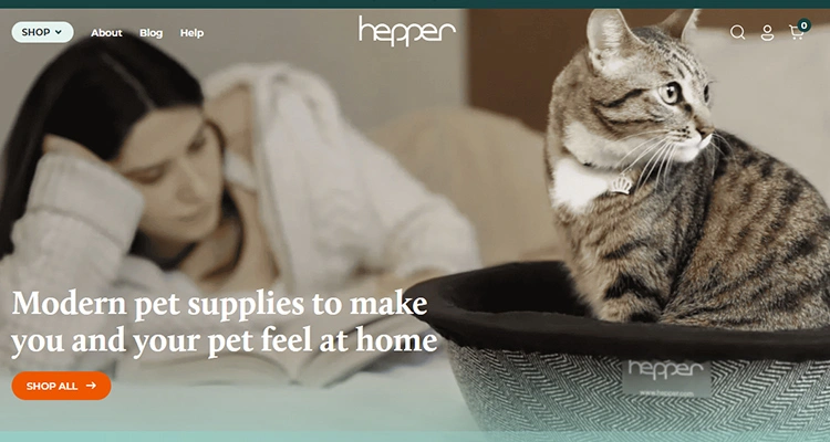The Hepper homepage featuring modern pet furniture and accessories, a popular lifestyle choice for those researching cat water fountain manufacturers in USA.