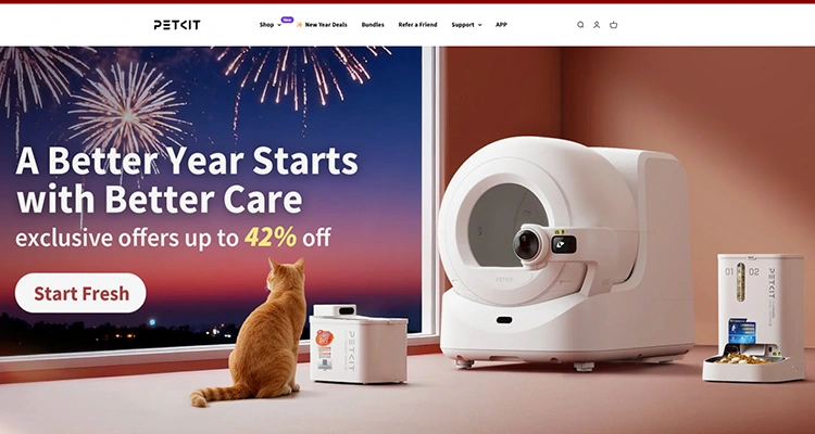 A festive PetKit marketing banner for smart feeders and fountains, a tech-driven competitor often ranked alongside leading cat water fountain manufacturers in USA.