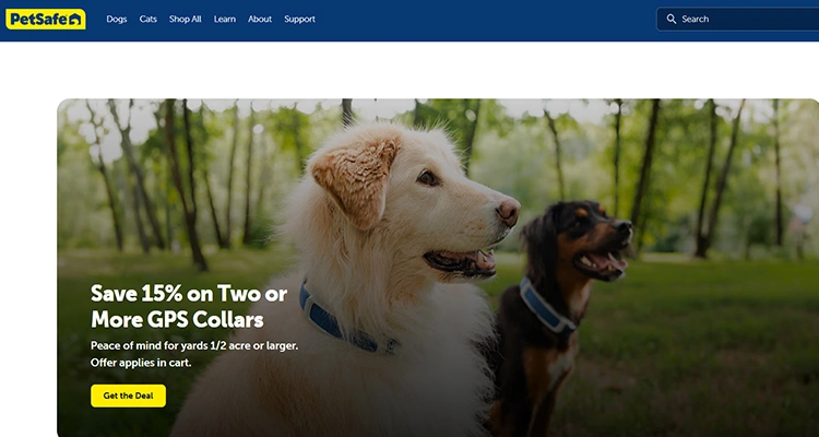 PetSafe website interface representing professional cat water fountain manufacturers in USA featuring dogs in an outdoor setting.