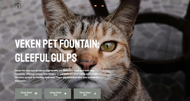Veken brand homepage showcasing high-quality products from leading cat water fountain manufacturers in USA with a close-up of a cat.