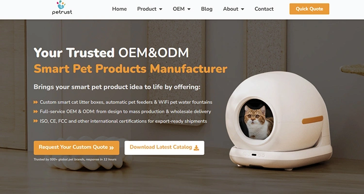 Top 5 Smart Litter Box Manufacturers in Guangdong Petrust® of Top 5 Smart Litter Box Manufacturers in Guangdong (2026 OEM Buyer’s Guide) A white globe-shaped automatic litter box by Petrust, a top choice among smart litter box manufacturers in Guangdong for OEM and ODM services.