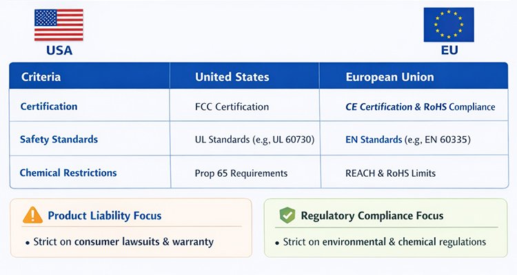 A comparison table of US and EU import compliance standards to help brands learn how to choose a trusted litter box manufacturer that meets international regulations.