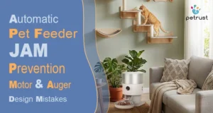 Automatic Feeder Jam Prevention of Home A Petrust automatic feeder jam prevention system featuring a high-torque motor and auger design in a modern living room with a cat.