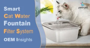 A high-quality stainless steel cat water fountain filter system by Petrust showing a white cat drinking fresh water.