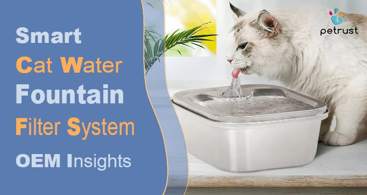 A high-quality stainless steel cat water fountain filter system by Petrust showing a white cat drinking fresh water.
