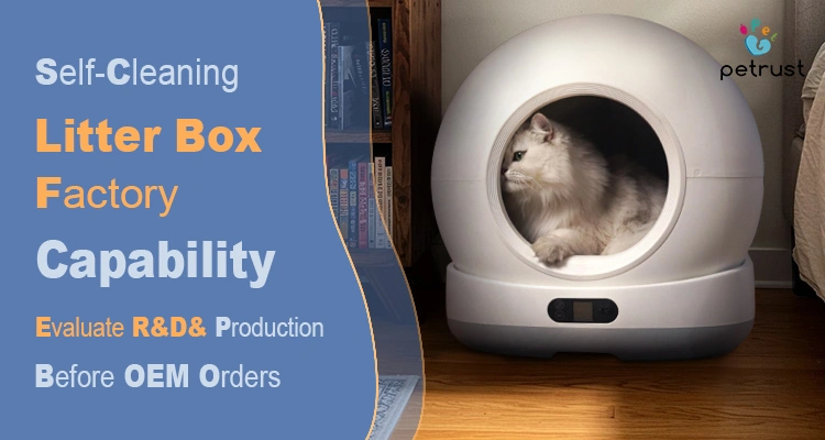 A white cat sitting inside a premium Petrust unit, showcasing the self-cleaning litter box factory capability for high-end R&D and large-scale OEM production.