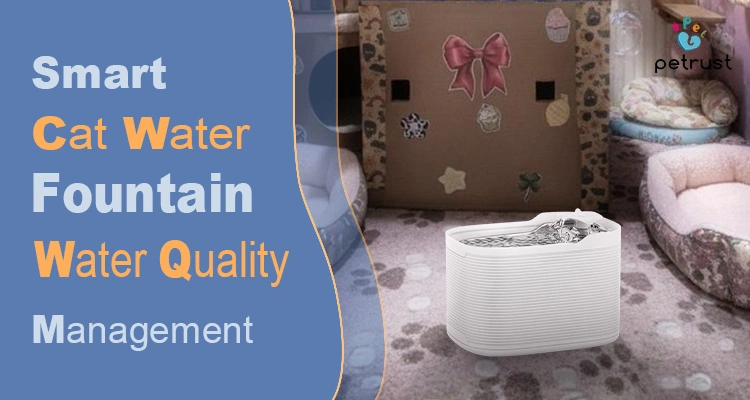Smart Cat Fountain Water Quality Management of Custom Automatic Cat Litter Box Petrust white automatic dispenser featuring smart cat fountain water quality management in a cozy pet room with plush beds and decorative accents.