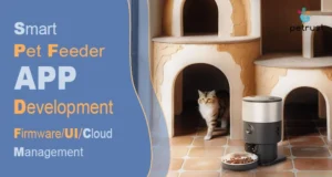 Petrust smart feeder app development services featuring a sleek automatic pet feeder and a cat in a modern indoor cat house setting.