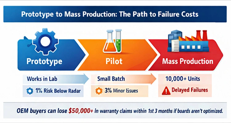 An infographic illustrating the risks of poor smart pet feeder PCB and IoT design during the transition from prototype to mass production to avoid high warranty costs.