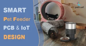 Smart Pet Feeder PCB and IoT Design of Home A professional promotional banner for smart pet feeder PCB and IoT design services, featuring an automatic feeder in a cat play area with smart connectivity features.