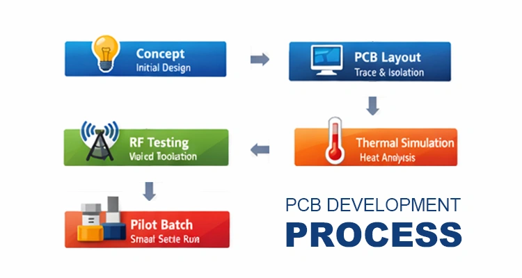 A step-by-step flowchart of the development process for smart pet feeder PCB and IoT design, covering initial concept to RF testing and pilot batches.
