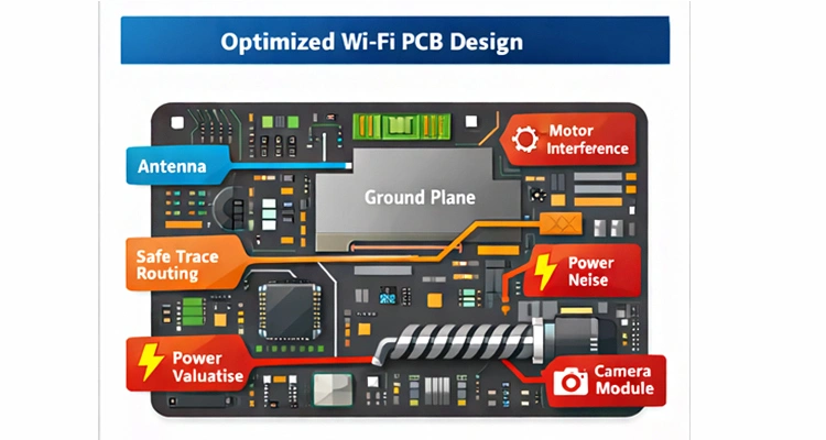 A detailed internal view of an optimized board layout for smart pet feeder PCB and IoT design, highlighting the antenna, ground plane, and camera module.
