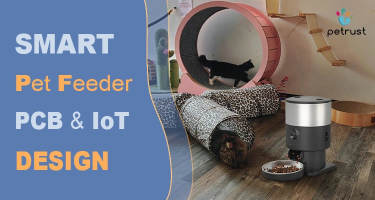 A professional promotional banner for smart pet feeder PCB and IoT design services, featuring an automatic feeder in a cat play area with smart connectivity features.