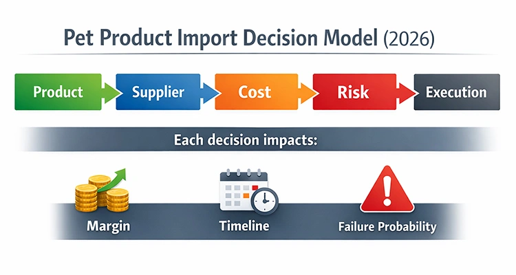 Import pet products from China decision model 2026 showing product supplier cost risk and execution framework