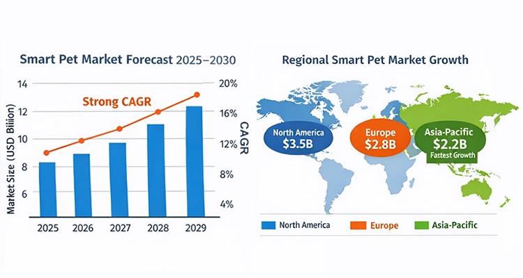 Global map and bar chart showcasing smart pet industry trends with regional market sizes for North America, Europe, and Asia-Pacific.