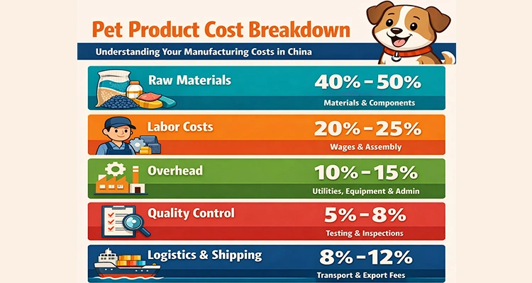 Pet Product Cost Breakdown of Pet Product Manufacturing in China: The Complete OEM & Supplier Guide for Global Brands (2026) Cost breakdown chart for pet product manufacturing in China showing raw materials account for 40 to 50 percent, labor 20 to 25 percent, overhead 10 to 15 percent, quality control 5 to 8 percent, and logistics 8 to 12 percent.