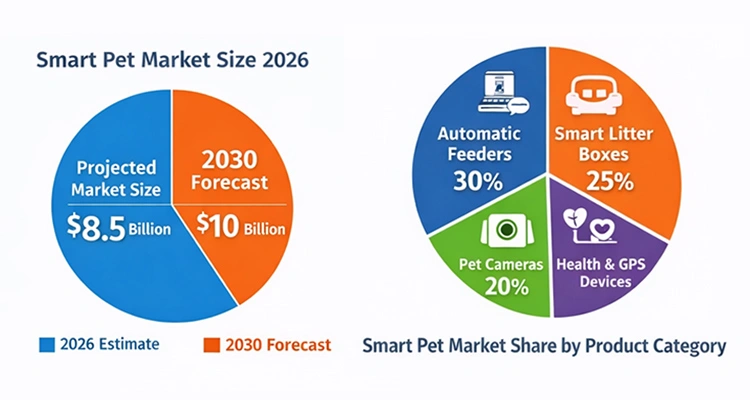 Pie charts illustrating smart pet industry trends in 2026, comparing market size projections against specific product category shares.