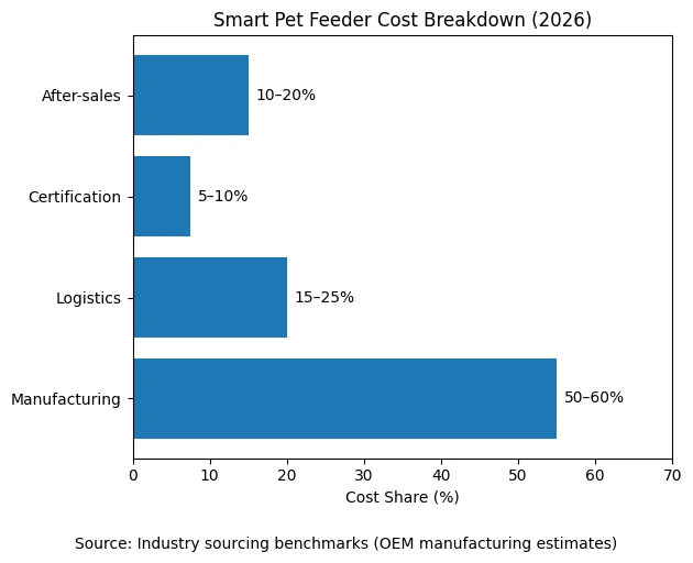 Smart pet feeder systems cost breakdown 2026 showing manufacturing logistics certification and after sales cost structure OEM analysis