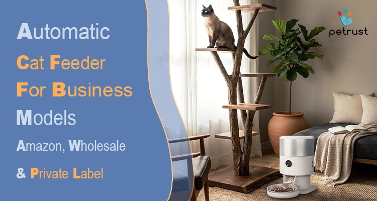 Automatic cat feeder for business models showing smart feeder setup for Amazon wholesale and private label pet product brands