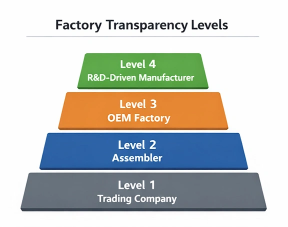 Automatic pet feeder manufacturers factory transparency levels chart showing trading company assembler OEM factory and R&D manufacturer comparison