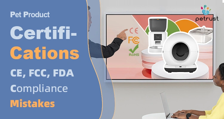 Pet product certifications guide showing CE FCC FDA and RoHS compliance for smart pet products and OEM manufacturing requirements
