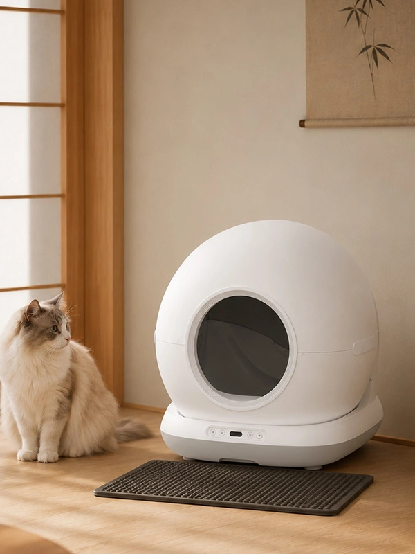 Automatic cat litter box manufacturers in Japan featuring camera-free self-cleaning litter box with minimalist design and OEM smart pet manufacturing