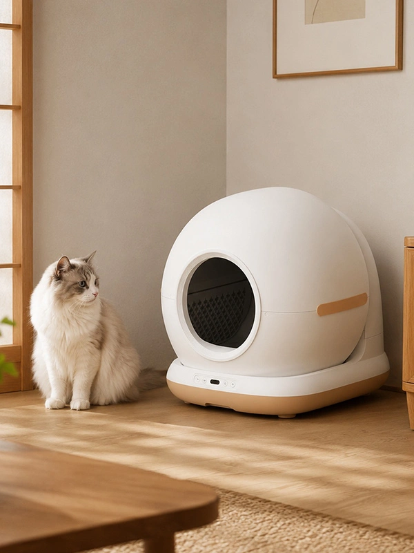 Automatic cat litter box manufacturers in Japan featuring premium self-cleaning cat litter box design, Japanese home style, and OEM smart pet products