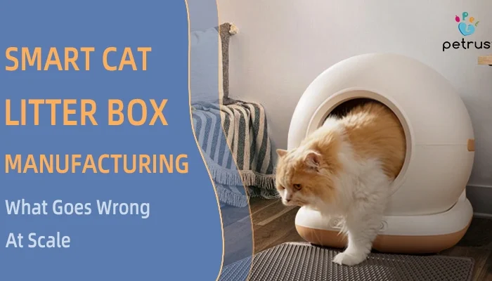 Smart cat litter box manufacturing showing large-scale production, automated litter box assembly, product quality control, and OEM pet product manufacturing