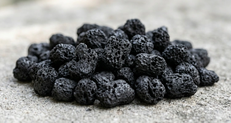 Close-up of black porous activated carbon granules used in high-efficiency pet water fountain filters to remove odors and improve taste.