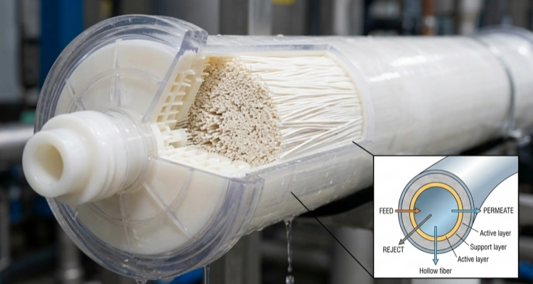 Cutaway diagram and close-up of a hollow fiber ultrafiltration membrane module used in advanced pet water fountain filters to remove microscopic contaminants.