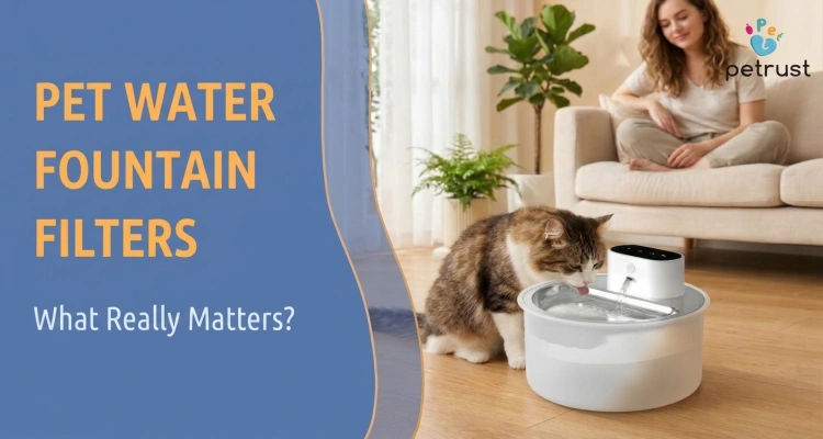 Featured banner discussing pet water fountain filters and what really matters, showing a cat drinking clean filtered water from an automatic stainless steel pet fountain.