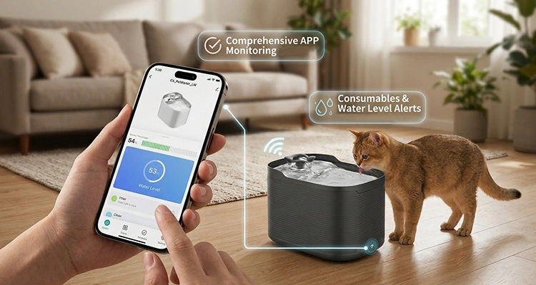 Smart automatic cat drinker produced by top pet water fountain manufacturers featuring smartphone app monitoring for water levels and filter alerts.