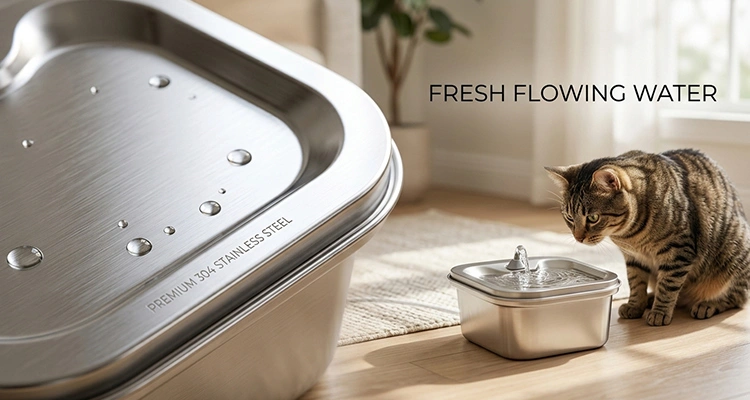 Hygienic 304 stainless steel cat fountain manufactured by certified pet water fountain manufacturers providing fresh flowing drinking water.