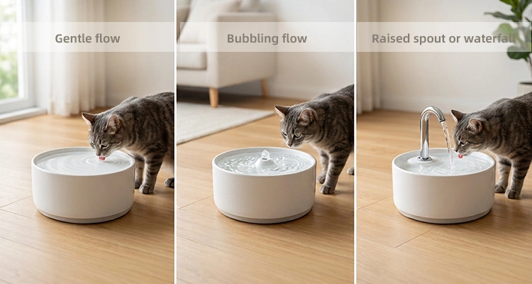 Three side-by-side images of a gray tabby cat interacting with different running water flow settings on a modern, white ceramic pet water fountain. Each section depicts a flow type ("Gentle flow," "Bubbling flow," "Raised spout or waterfall") demonstrating varied ways fountains cater to feline instincts and preferences, helping explain why cats prefer running water.