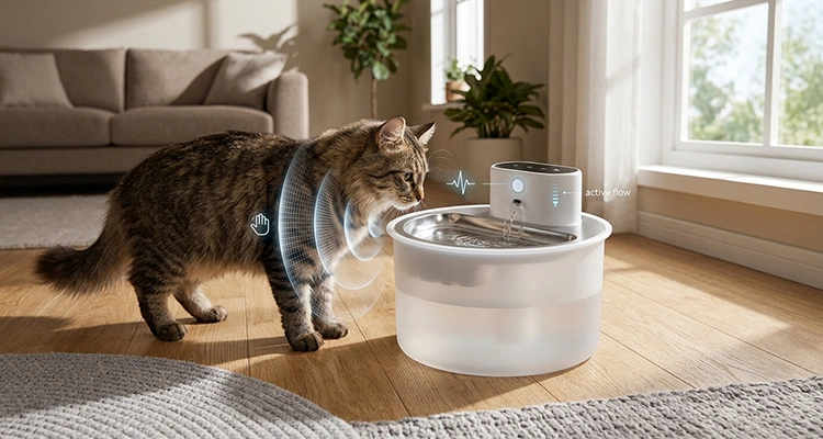 Cordless motion-sensor cat water dispenser designed by professional pet water fountain manufacturers with active flow control for feline hydration.